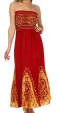 Sakkas Batik Print Embroidered Sleeveless Smocked Tube Top Long Dress#color_Red/Gold