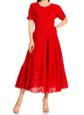 Sakkas Cotton Crepe Smocked Peasant Gypsy Boho Renaissance Mid Length Dress#color_A-Burgandy