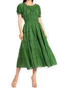 Sakkas Cotton Crepe Smocked Peasant Gypsy Boho Renaissance Mid Length Dress#color_A-ForestGreen