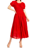 Sakkas Cotton Crepe Smocked Peasant Gypsy Boho Renaissance Mid Length Dress#color_A-Red