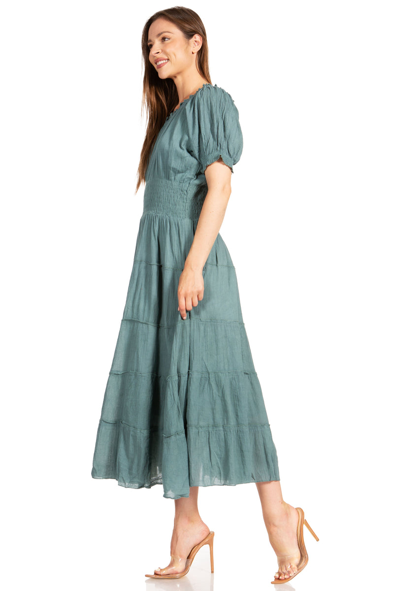 Sakkas Cotton Crepe Smocked Peasant Gypsy Boho Renaissance Mid Length Dress