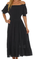 Sakkas Cotton Crepe Smocked Peasant Gypsy Boho Renaissance Mid Length Dress#color_Black
