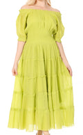 Sakkas Cotton Crepe Smocked Peasant Gypsy Boho Renaissance Mid Length Dress#color_Neon Green