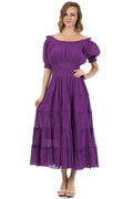 Sakkas Cotton Crepe Smocked Peasant Gypsy Boho Renaissance Mid Length Dress#color_Purple