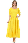 Sakkas Cotton Crepe Smocked Peasant Gypsy Boho Renaissance Mid Length Dress#color_Yellow