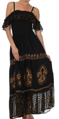 Sakkas Fleur De Lis Batik Jacquard Off Shoulder Crepe Hem Dress#color_Black/Gold
