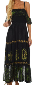 Sakkas Fleur De Lis Batik Jacquard Off Shoulder Crepe Hem Dress#color_Black/Green