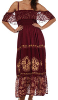 Sakkas Fleur De Lis Batik Jacquard Off Shoulder Crepe Hem Dress#color_Chocolate/Gold