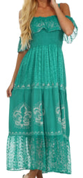 Sakkas Fleur De Lis Batik Jacquard Off Shoulder Crepe Hem Dress#color_Mint