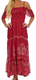 Sakkas Fleur De Lis Batik Jacquard Off Shoulder Crepe Hem Dress#color_Raspberry