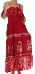 Sakkas Fleur De Lis Batik Jacquard Off Shoulder Crepe Hem Dress#color_Red/Cream