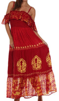 Sakkas Fleur De Lis Batik Jacquard Off Shoulder Crepe Hem Dress#color_Red/Gold