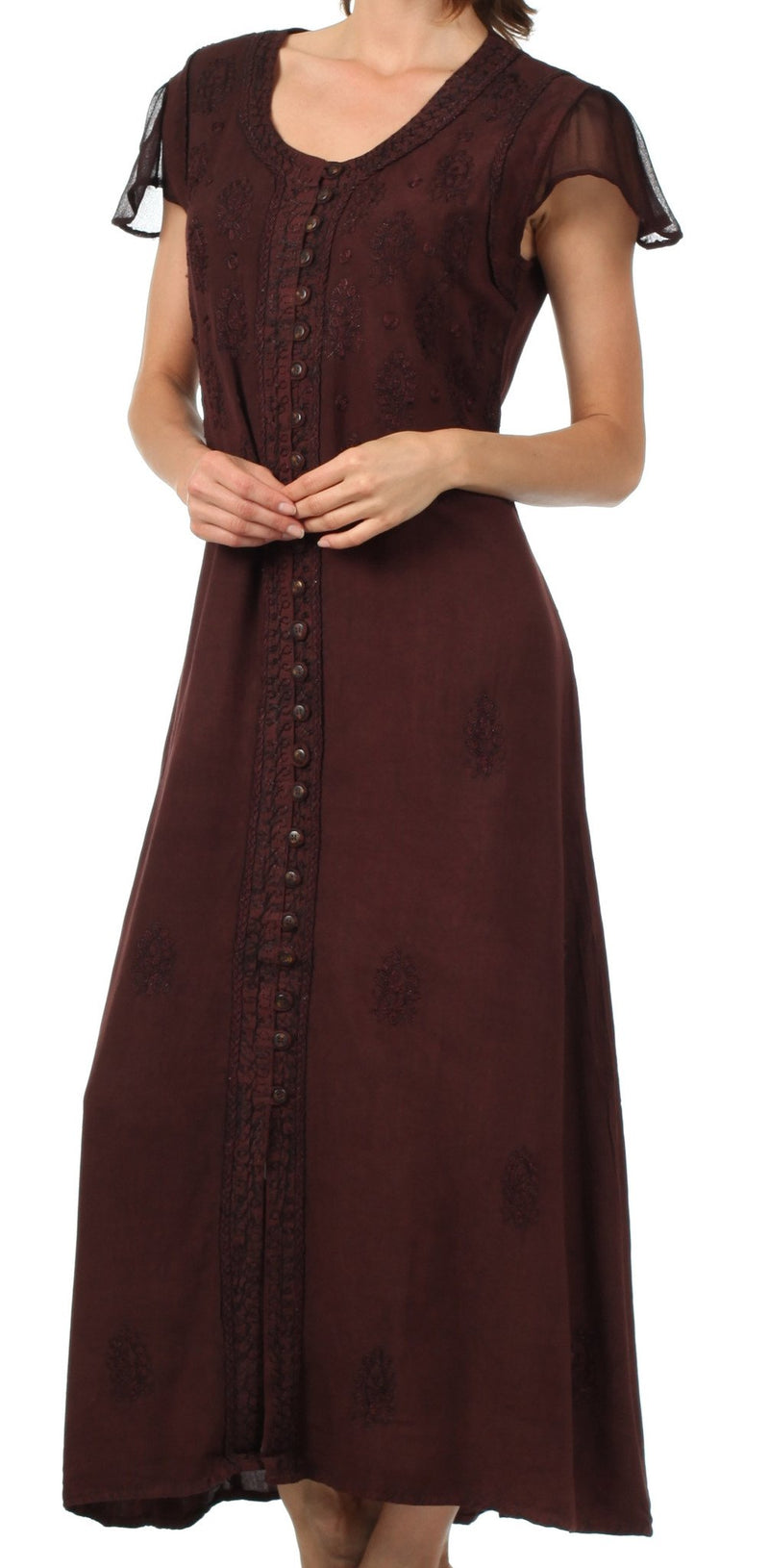 Sakkas Stonewashed Embroidered Cap Sleeve Maxi Long Dress