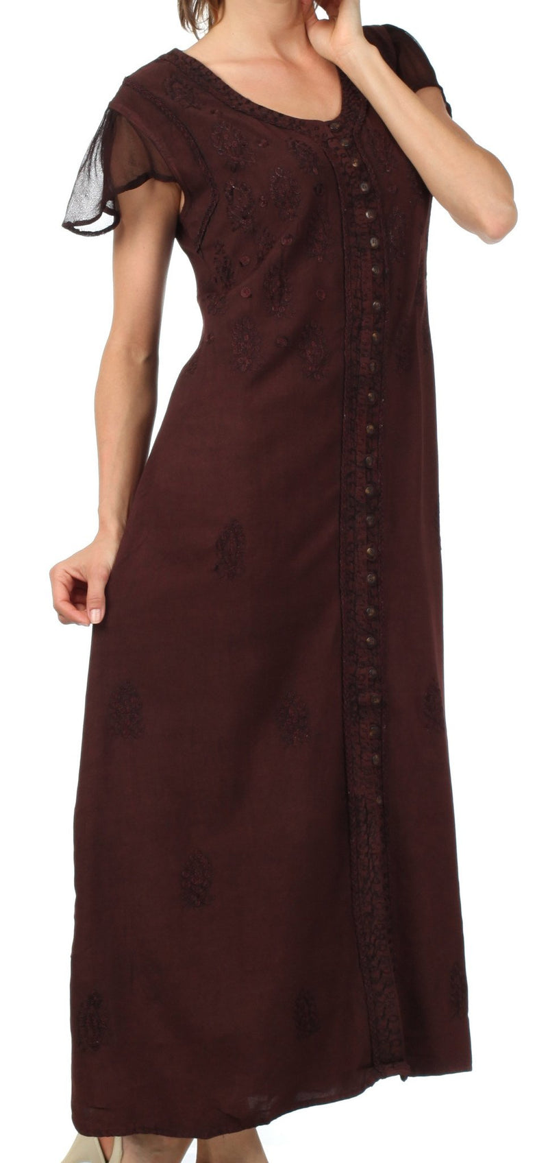 Sakkas Stonewashed Embroidered Cap Sleeve Maxi Long Dress