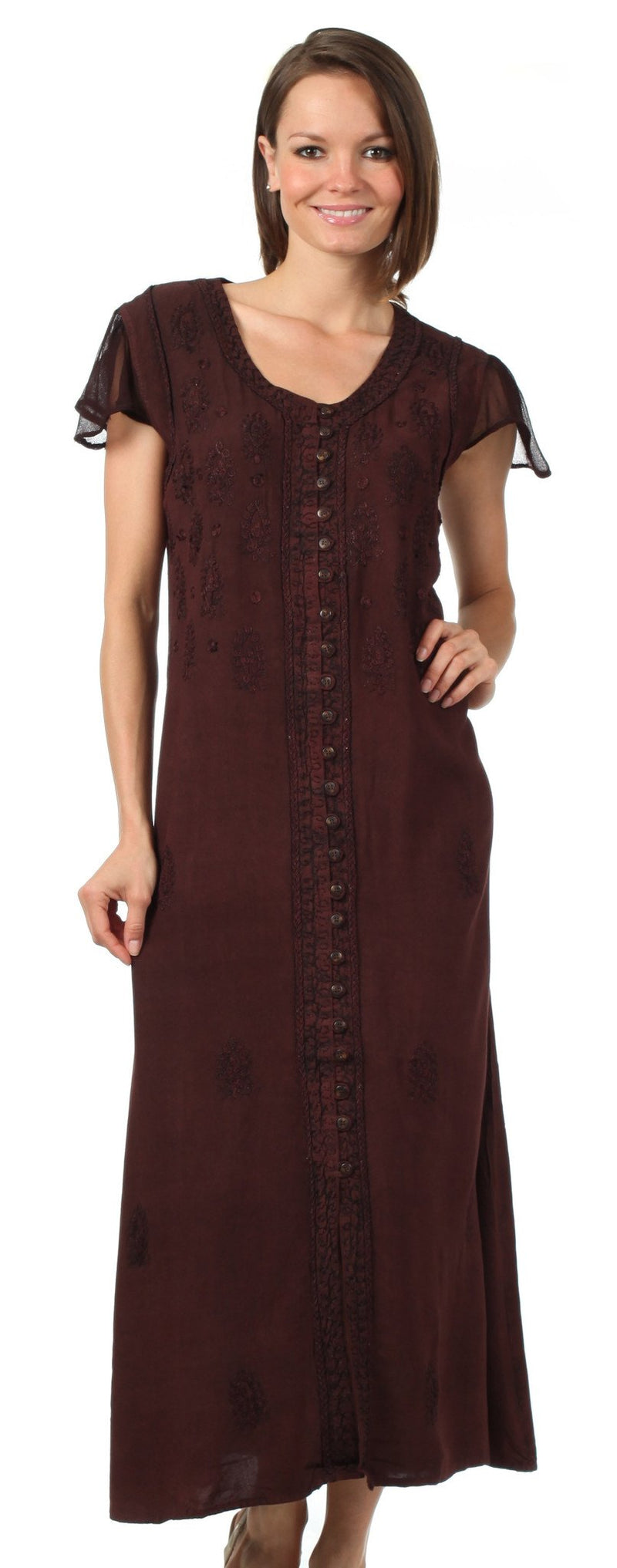 Sakkas Stonewashed Embroidered Cap Sleeve Maxi Long Dress