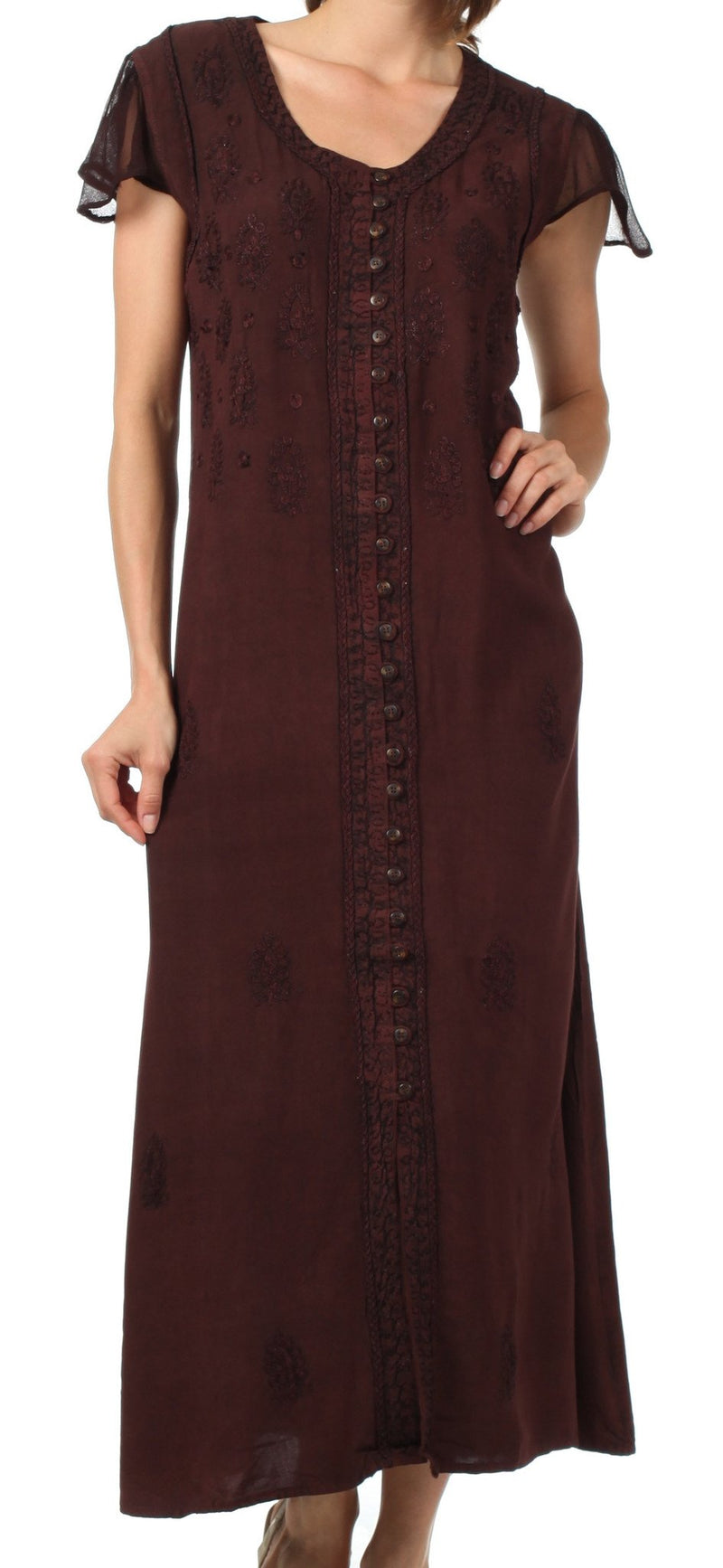 Sakkas Stonewashed Embroidered Cap Sleeve Maxi Long Dress