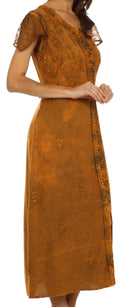 Sakkas Stonewashed Embroidered Cap Sleeve Maxi Long Dress