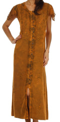 Sakkas Stonewashed Embroidered Cap Sleeve Maxi Long Dress#color_Copper
