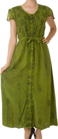 Sakkas Stonewashed Embroidered Cap Sleeve Maxi Long Dress#color_Green