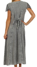 Sakkas Stonewashed Embroidered Cap Sleeve Maxi Long Dress