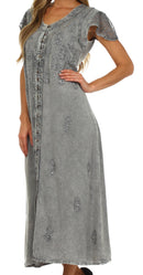 Sakkas Stonewashed Embroidered Cap Sleeve Maxi Long Dress