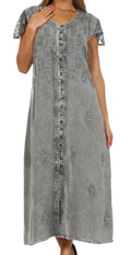 Sakkas Stonewashed Embroidered Cap Sleeve Maxi Long Dress#color_Grey