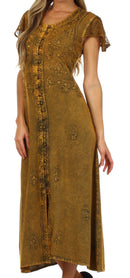 Sakkas Stonewashed Embroidered Cap Sleeve Maxi Long Dress