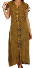Sakkas Stonewashed Embroidered Cap Sleeve Maxi Long Dress#color_Old Gold