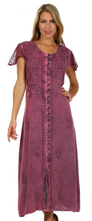 Sakkas Stonewashed Embroidered Cap Sleeve Maxi Long Dress