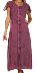 Sakkas Stonewashed Embroidered Cap Sleeve Maxi Long Dress#color_Orchid