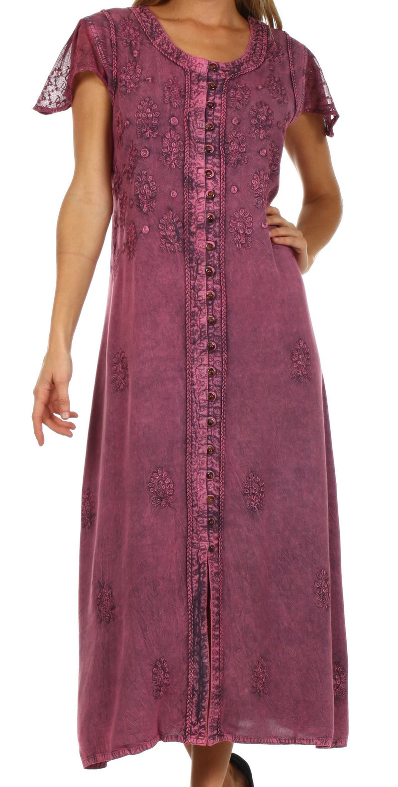 Sakkas Stonewashed Embroidered Cap Sleeve Maxi Long Dress