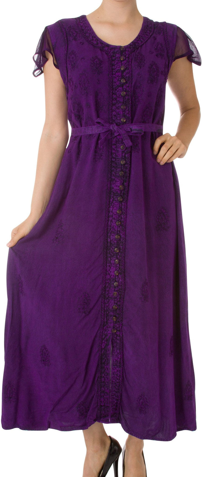 Sakkas Stonewashed Embroidered Cap Sleeve Maxi Long Dress