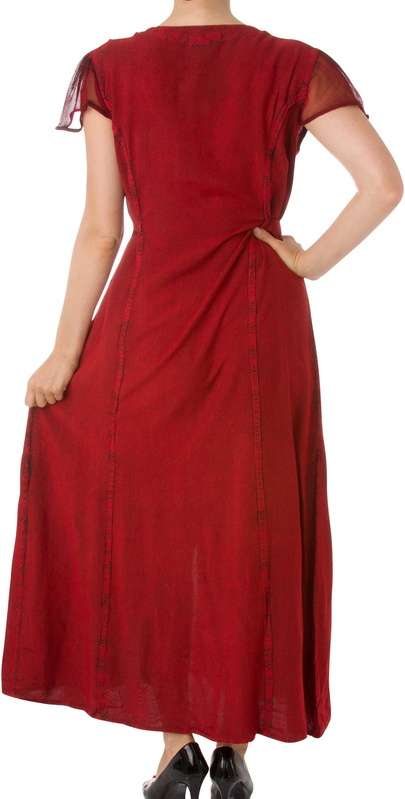 Sakkas Stonewashed Embroidered Cap Sleeve Maxi Long Dress