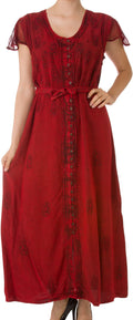 Sakkas Stonewashed Embroidered Cap Sleeve Maxi Long Dress#color_Red