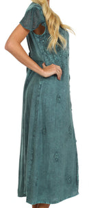 Sakkas Stonewashed Embroidered Cap Sleeve Maxi Long Dress
