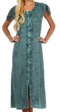 Sakkas Stonewashed Embroidered Cap Sleeve Maxi Long Dress#color_Steel Blue