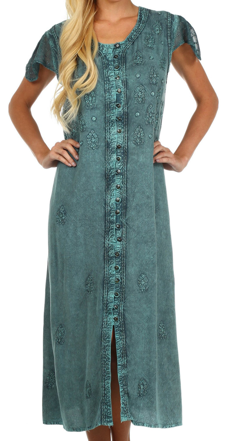 Sakkas Stonewashed Embroidered Cap Sleeve Maxi Long Dress