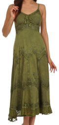 Sakkas Stonewashed Rayon Embroidered Adjustable Spaghetti Straps Long Dress#color_Army Green 