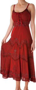 Sakkas Stonewashed Rayon Embroidered Adjustable Spaghetti Straps Long Dress#color_Red