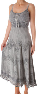 Sakkas Stonewashed Rayon Embroidered Adjustable Spaghetti Straps Long Dress#color_Grey