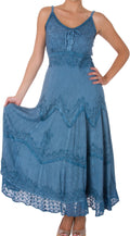 Sakkas Stonewashed Rayon Embroidered Adjustable Spaghetti Straps Long Dress#color_Grey / Blue 