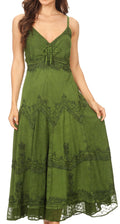Sakkas Stonewashed Rayon Embroidered Adjustable Spaghetti Straps Long Dress#color_Green