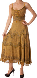 Sakkas Stonewashed Rayon Embroidered Adjustable Spaghetti Straps Long Dress#color_OldGold