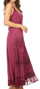 Sakkas Stonewashed Rayon Embroidered Adjustable Spaghetti Straps Long Dress