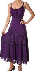 Sakkas Stonewashed Rayon Embroidered Adjustable Spaghetti Straps Long Dress#color_Purple