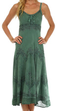 Sakkas Stonewashed Rayon Embroidered Adjustable Spaghetti Straps Long Dress#color_Sage Green 