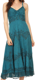 Sakkas Stonewashed Rayon Embroidered Adjustable Spaghetti Straps Long Dress#color_Steel Blue 