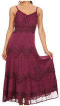 Sakkas Stonewashed Rayon Embroidered Adjustable Spaghetti Straps Long Dress#color_Wine