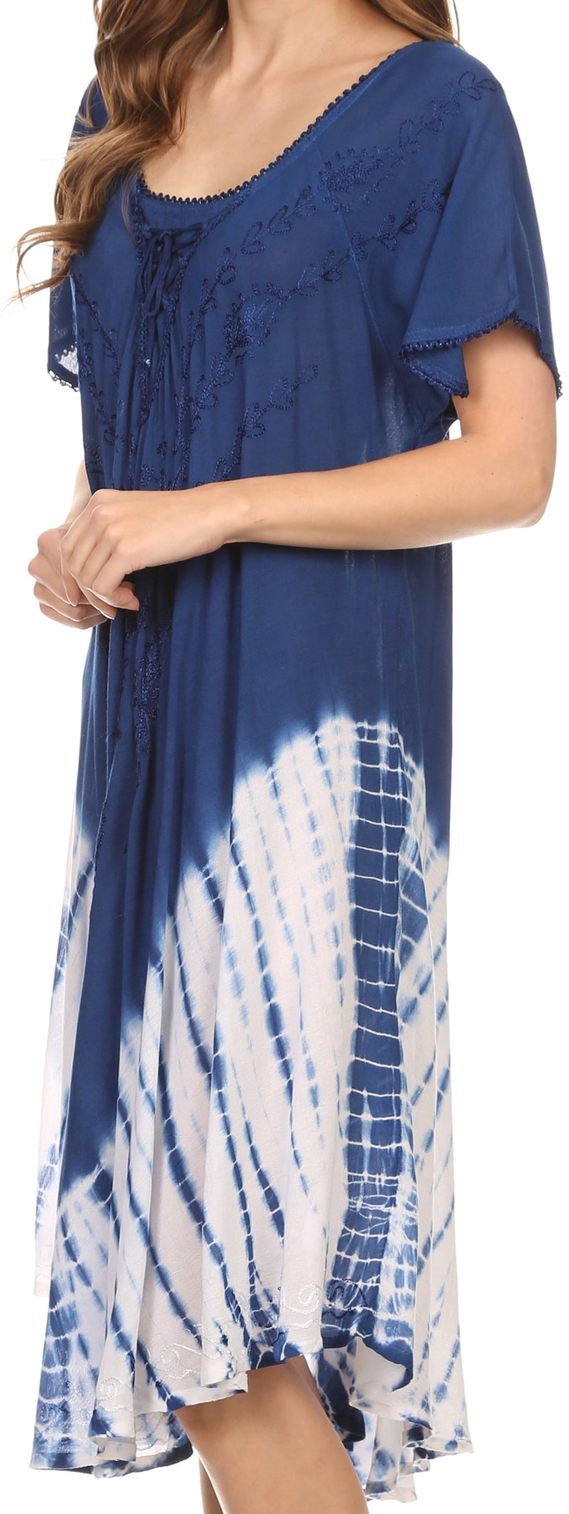 Sakkas Ballari Mid Length Cap Sleeve Embroidered Batik Caftan Dress / Cover Up