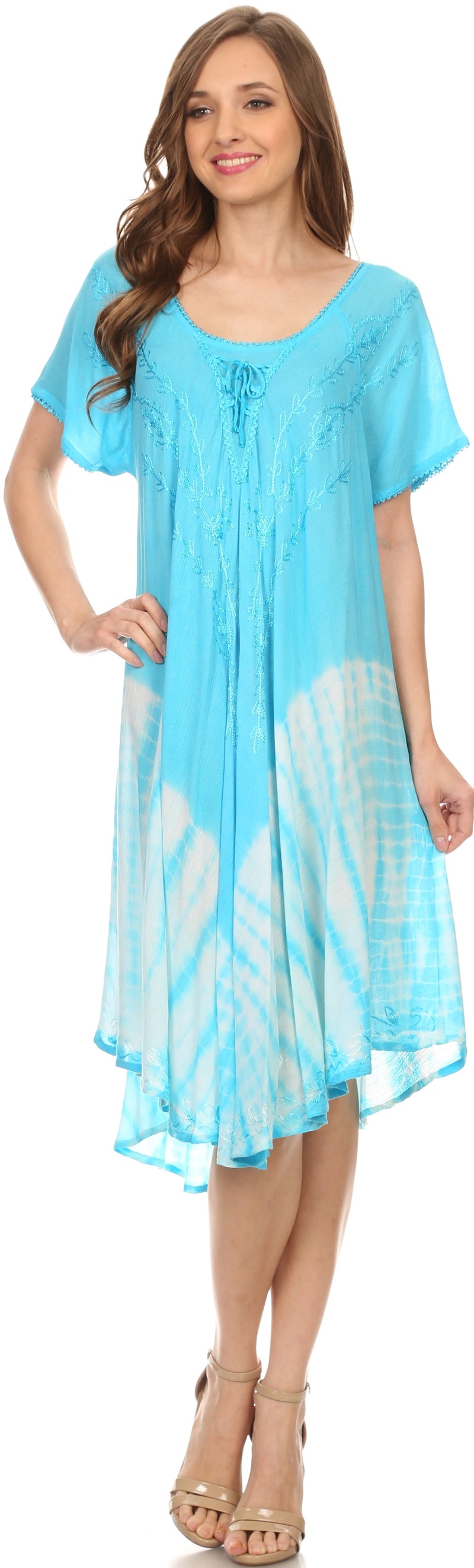 Sakkas Ballari Mid Length Cap Sleeve Embroidered Batik Caftan Dress / Cover Up